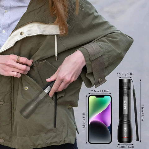 Person placing Beast Bright 900 Lumen Tactical Flashlight with Zoomable Beam into a jacket pocket, size comparison with phone.