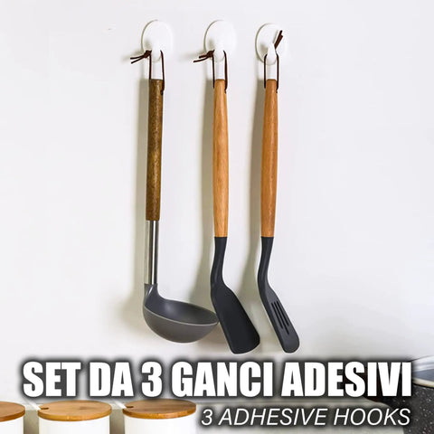 Heavy Duty Adhesive Wall Hooks For Bathroom And Kitchen Built Tough With Super Grip Oil Resistant Plastic Surface Mounts Zero Hole Punch Needed Fully Waterproof Set Of Three White Units with kitchen utensils.