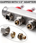 Close-up of Three Branch Radiant Heat Manifold Stainless Steel PEX Manifold With Hydronic Floor Heating Outlets One Half Inch Adapters Included.