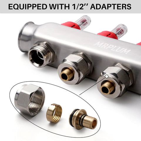 Close-up of Three Branch Radiant Heat Manifold Stainless Steel PEX Manifold With Hydronic Floor Heating Outlets One Half Inch Adapters Included.