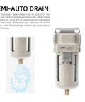 Heavy-Duty Air Line Filter With 3/8 NPT Port For Clean Air System AF3000-03 with semi-auto drain and poly bowl, side view