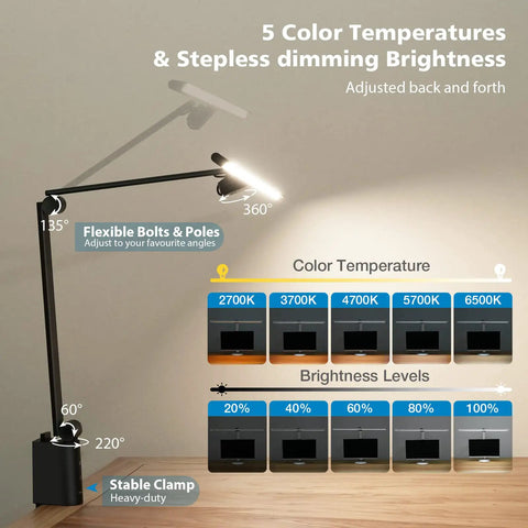 Boss Grade Task Lamp Desk With Clamp For Home Office, 31.5 Inch LED Light Bar, CRI 95 Plus Eye Caring, Color Adjustable 2700K To 6500K, Stepless Dimming With Memory Function, 1200 Lumen Workbench Lighting