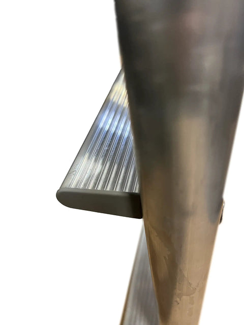 Five Step Flip Up Dock Ladder With Welded Aluminum Construction, 4 Inch Tread Depth, Rugged 665 Pound Capacity For Easy Water Access On Seawalls, Docks, And Boats. Close-up of aluminum tread and support rail.