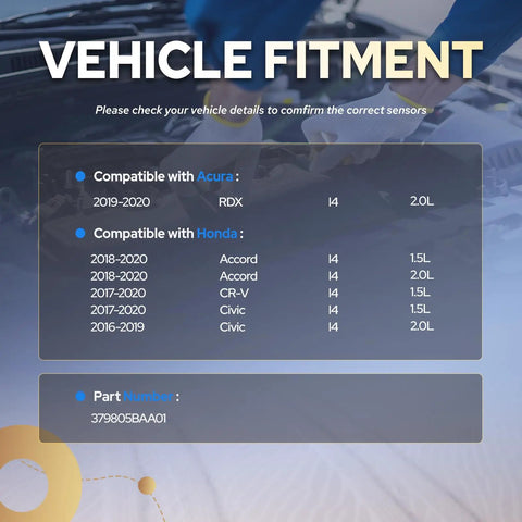 Vehicle fitment chart for Mass Air Flow Sensor MAF For Honda Accord CR V Civic Acura RDX 2016 2020 Replacement Fits 1.5L And 2.0L Engines Plug And Play High Quality Sensor Built To Exact Specs.