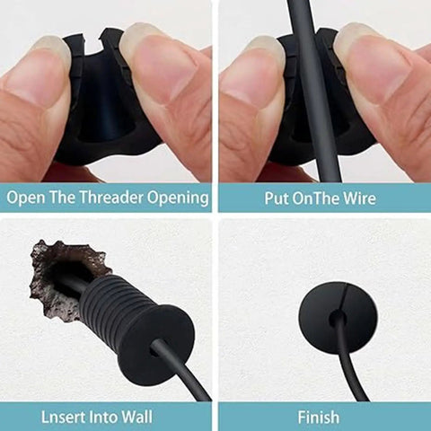 Heavy Duty 6 Pack Rubber Cable Routing Kit With Wall Grommets For Sleek Furniture And Drywall Hole Bushing To Keep Your Wires Protected And Manageable Without Messy Cords Hanging Around. rubber wall grommet installed in drywall for wire routing