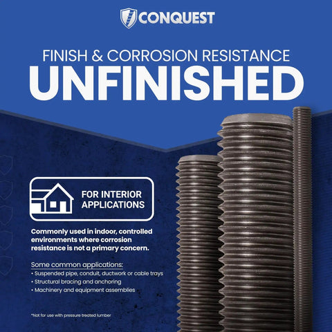 Unfinished Three Eighths Inch Heavy Duty Threaded Rod 16 Threads Per Inch 24 Inch Length 10 Pack Coarse UNC All Thread Rods ASTM A307 Grade A Standard Right Hand Threads Carbon Steel displayed for interior use applications.