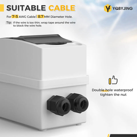 Side view of DC 63 Amp Solar Panel Disconnect Switch Heavy Duty Two Pole Miniature Circuit Breaker Box 1000V Outdoor IP65