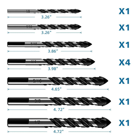 10-piece masonry drill bit set with tungsten steel tips; black and silver bits from Amazon.