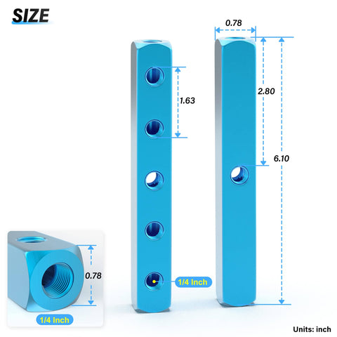 Blue Five Way Eight Port Pneumatic Manifold Block Aluminum Air Distribution Block For Compressed Air Systems One Quarter Inch