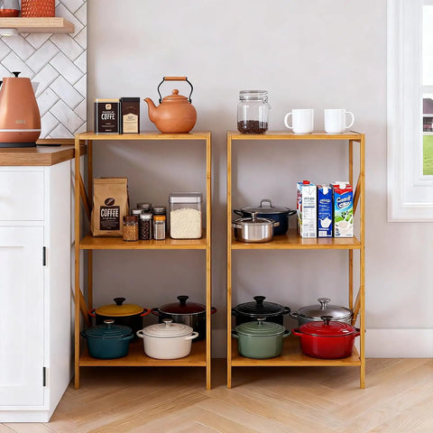 Rustic Bamboo 3 Tier Bookshelf Narrow Storage Rack for Living Room Office Kitchen Garage and Bedroom Super Handy Space Saving Multifunctional Shelf Organizer for Books Plants Decor 42 x 30 x 80 cm.