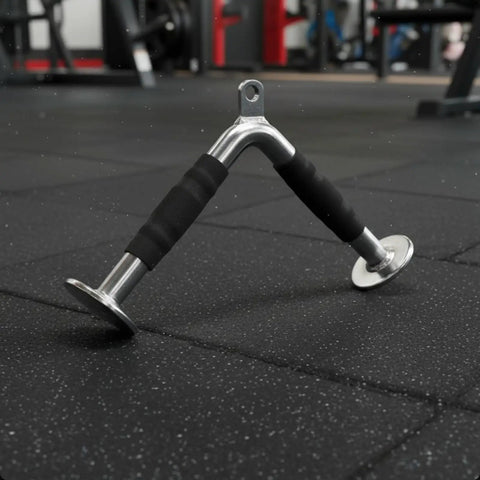 Triceps Training Bar For Cable Pulldown And Pressdown with rubber grip, steel build, on gym floor.