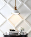 Wall-mounted view of 13 Inch Brass Gold And White Modern Industrial Iron LED Dome Pendant Light illuminating a white decor wall.