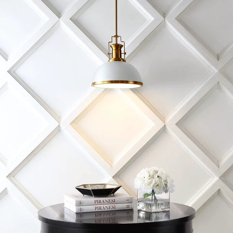 Wall-mounted view of 13 Inch Brass Gold And White Modern Industrial Iron LED Dome Pendant Light illuminating a white decor wall.