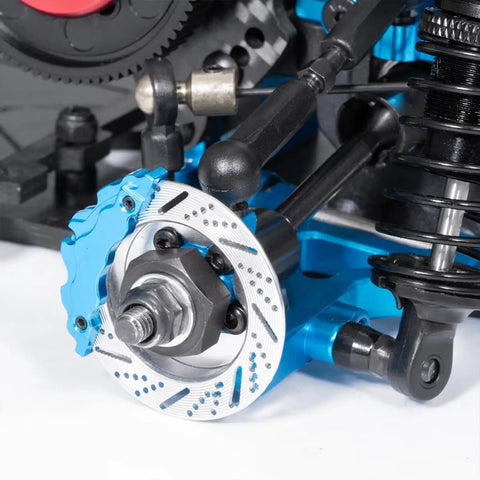 Close-up of Tool Free RC Chassis Frame Parts Upgrade Kit showing alloy frame and components for 1 by 10 drift cars D5 style.