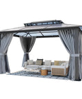 Hardtop Outdoor Gazebo 10x12 With Double Polycarbonate Roof, All Weather Permanent Pavilion in Aluminum Frame with Curtains