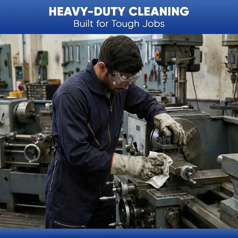 Worker using Bulk Jersey Knit T Shirt Rags Poly Cotton Cleaning Cloths For Painting Polishing Auto Shops And Bar Work 25 Lb Box White Wiper Rags For Industrial Use in a machine shop