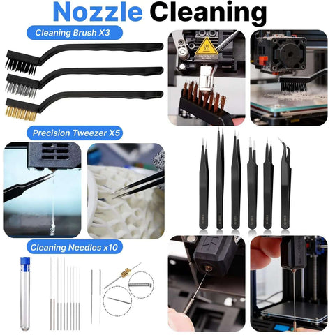 Nozzle cleaning tools from All In One 3D Printer Tools Kit for Beginners 40 Pcs FDM Printer Accessories with brushes and tweezers.
