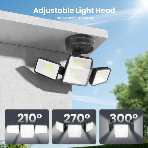70W 7000LM LED Flood Light with 4 adjustable heads mounted outdoors showcasing angles and spread for security lighting