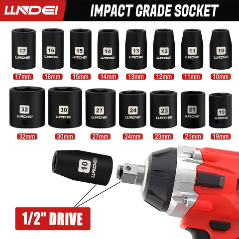 1/2 Inch Drive Impact Socket Set Metric with 10-Inch 72-Tooth Quick-Release Ratchet, 16-Piece 6-Point Sockets 10-32mm