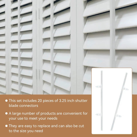 Twenty Heavy Duty Shutter Vane Repair Slider Connectors Made From Resilient Nylon Tilt Rod Replacement Parts For Plantation Blinds in white. 3.25-inch size.