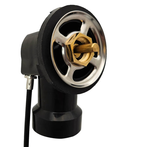 Slick Chrome Finish 27 Inch Cable Driven Bathtub Drain Trim Kit with smooth pop up stopper and brass knob detail.