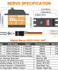 HobbyPark 35kg servo with 360° continuous rotation, metal gears, waterproof, 4.8-8.4V (front and side views)