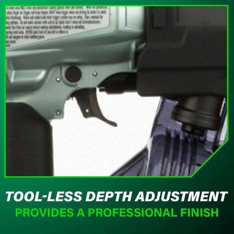 Close-up of Pro Siding And Light Framing Coil Nailer for 16 Degree Wire Nails showing tool-less depth adjustment feature