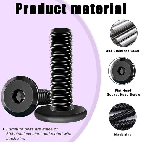 Heavy Duty Built To Last One Quarter By Twenty Threads Flat Head Socket Screws For Furniture Bolts Fully Threaded 304 Stainless Steel Black Zinc Plated Countersunk Connector Screws With Hex Spanner displayed with material details