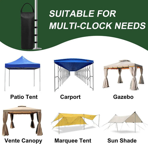 Beefed Up Canopy Sand Bags 112 Lbs 4 Pack Empty Weight Bags For Outdoor Tents Windproof Sunshade Stabilizers shown with various tent types