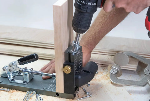 Using Pro Aluminum Pocket Hole Jig Kit For Precise Woodworking And Quick Joints M2 Bundle with drill and wooden board setup