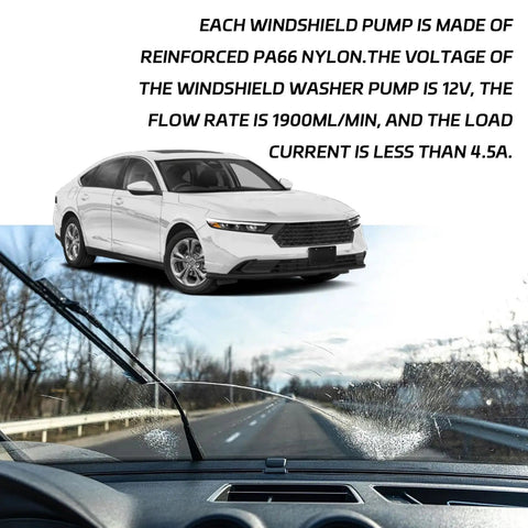 Car on road with windshield wipers in action illustrating Workhorse Windshield Washer Pump Replacement Front And Rear For Toyota Lexus Mazda Honda