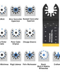 26-piece titanium oscillating saw blade set for wood, metal, plastic; front view with brand names and ruler for scale