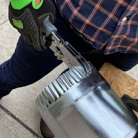 Using Five Blade Sheet Metal Crimping Tool With Soft Grip Handles And Safety Lock on metal ductwork