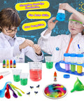 Children using 30 Plus Experiments Science Kit For Kids With Lab Coat Chemistry Set And STEM Toys, featuring tools and colorful chemicals.