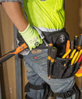 Pro Grade Electrician Tool Belt with 8 Pocket Pouch and Hammer Holder, Medium Size, worn by a worker on a job site.