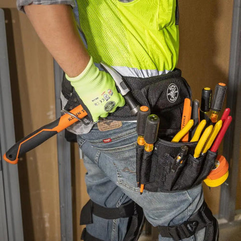 Pro Grade Electrician Tool Belt with 8 Pocket Pouch and Hammer Holder, Medium Size, worn by a worker on a job site.