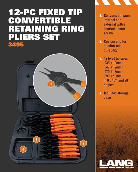 Lang Tools 12-piece fixed-tip snap ring pliers set in black case with orange-handled pliers (internal/external)