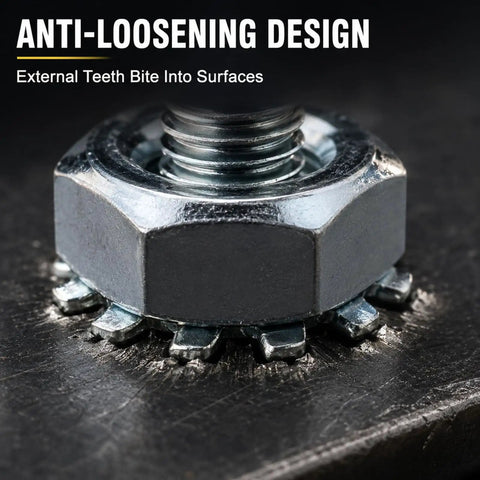 100 Pack 1/4-20 Lock Nuts With External Tooth Washers Heavy Duty Zinc Plated Steel Hardware close-up with visible teeth design.