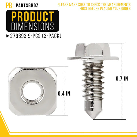 Dryer Terminal Block Screws Kit 3 Pack Nine Piece Replacement For Whirlpool Kenmore Maytag Dryers, screw dimensions shown.