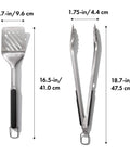 Outdoor Grilling Turner And Tongs Set With Heavy Duty Stainless Steel Construction, dimensions shown for turner and tongs.