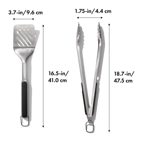 Outdoor Grilling Turner And Tongs Set With Heavy Duty Stainless Steel Construction, dimensions shown for turner and tongs.