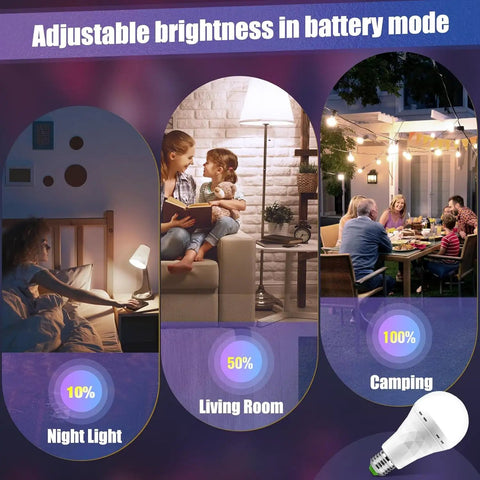 Emergency Rechargeable LED Light Bulb With Hook That Stays Lit When The Power Goes Out, 1500mAh, showing adjustable brightness