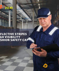 Man wearing navy blue Five Pack Reflective Baseball Bump Cap Hard Hat Breathable Lightweight Safety Helmet For Men And Women Adjustable Hook And Loop Fit Mesh Navy Blue Version Worksite Ready All Day Comfort in warehouse.