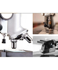 Collage of microscope focus knob, sewing machine needle, and vinyl turntable close-up views.