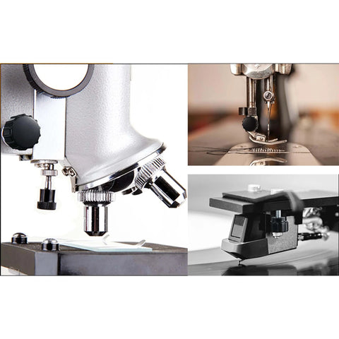 Collage of microscope focus knob, sewing machine needle, and vinyl turntable close-up views.