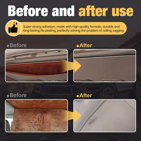 Before and after use of Car Headliner Repair Glue With Brush Flexible Adhesive For Fabric Foam Vinyl Leather Interior Quick Drying Multi Surface Auto Roof Liner Adhesive For Saggy Headliners
