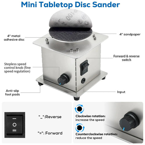 Heavy Hitter Mini Disc Sander Delivering Smooth Four Inch Sanding With Stepless Throttle Control Spanning Zero To Six Thousand Rpm Plus Quick Forward Reverse Toggle Built For Rock Solid Diy Wood Smoothing Metal Deburring And Rapid Craft Refinishing, showing 4-inch adhesive disc and control features.