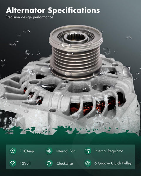 Close-up of 110 Amp 12V Alternator for Nissan Sentra 1.8L 2013 to 2019 Replacement with six groove clutch pulley.