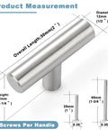 Stainless Steel Cabinet Knobs 30 Pack Brushed Nickel Hardware For Kitchen Cabinets And Dressers, 2 Inch Drawer Pulls, Single Hole, Flat Smooth Face, Built Tough Yet Sleek And Budget Friendly. product measurement showing 50mm handle and screws