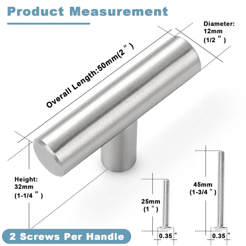 Stainless Steel Cabinet Knobs 30 Pack Brushed Nickel Hardware For Kitchen Cabinets And Dressers, 2 Inch Drawer Pulls, Single Hole, Flat Smooth Face, Built Tough Yet Sleek And Budget Friendly. product measurement showing 50mm handle and screws